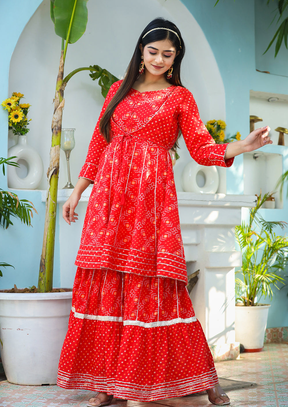 Kaajh Woman's Red Bandhej Cotton Paplum Kurta Sharara With Dupatta