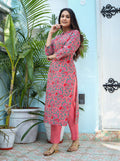 Kaajh Woman's Pink Floral Print Cotton Kurta Pant Set