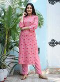 Kaajh Woman's Pink Ethnic Print Cotton Kurta Pant Set
