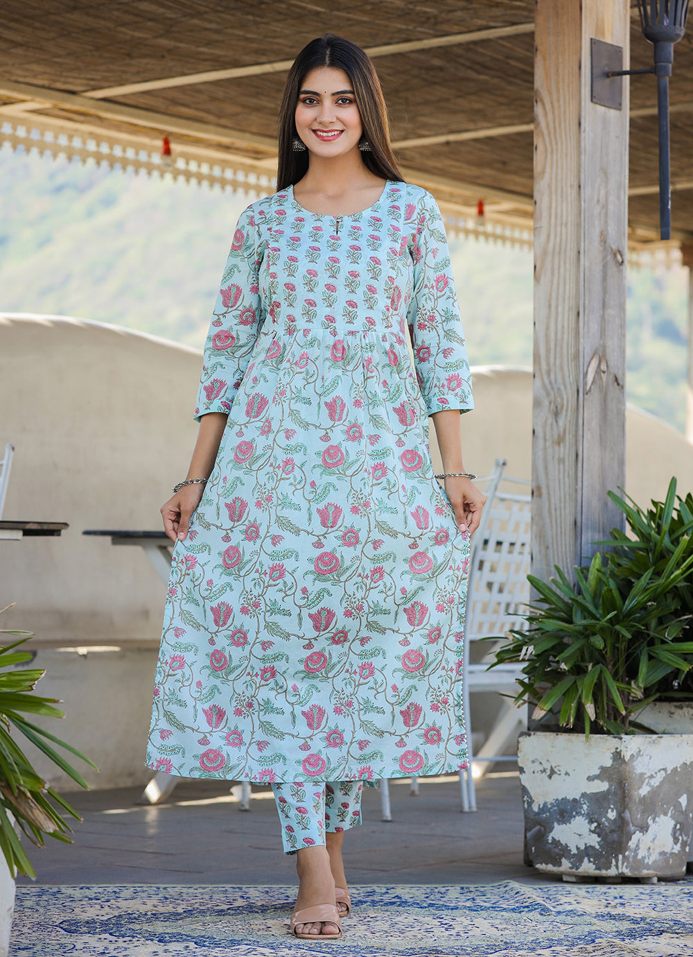 Kaajh Women's Sky Blue Floral Print Side Slit Cotton Kurta Pant Set