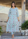 Kaajh Women's Sky Blue Floral Print Side Slit Cotton Kurta Pant Set