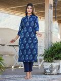Kaajh Women's Blue Floral Print Cotton Kurta With Trouser