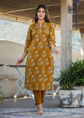 Kaajh Women's Mustard Floral Print Cotton Kurta Pant Set