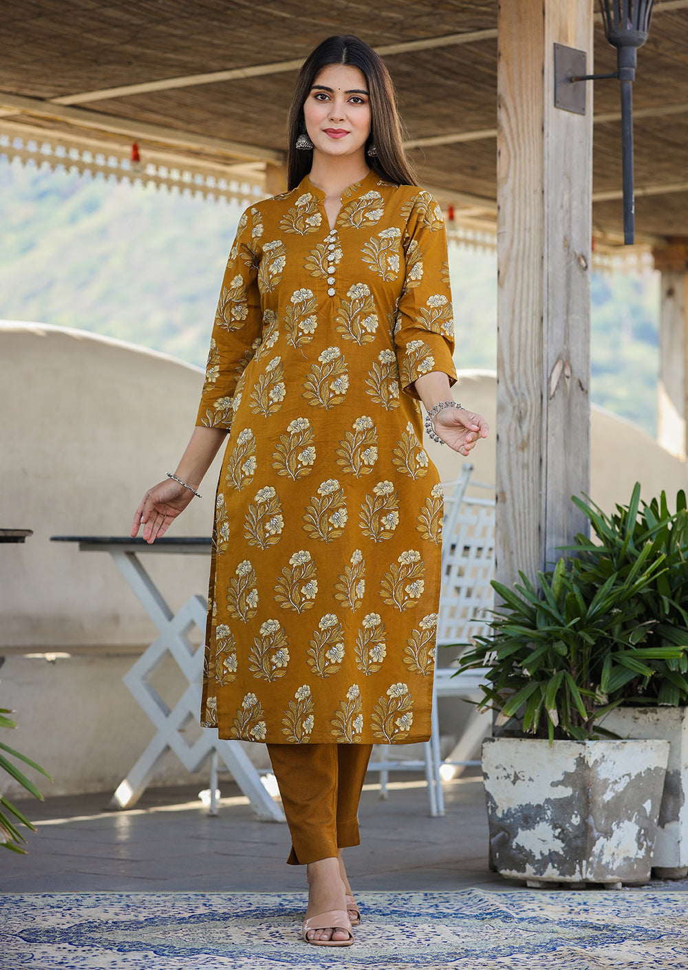 Kaajh Women's Mustard Floral Print Cotton Kurta Pant Set