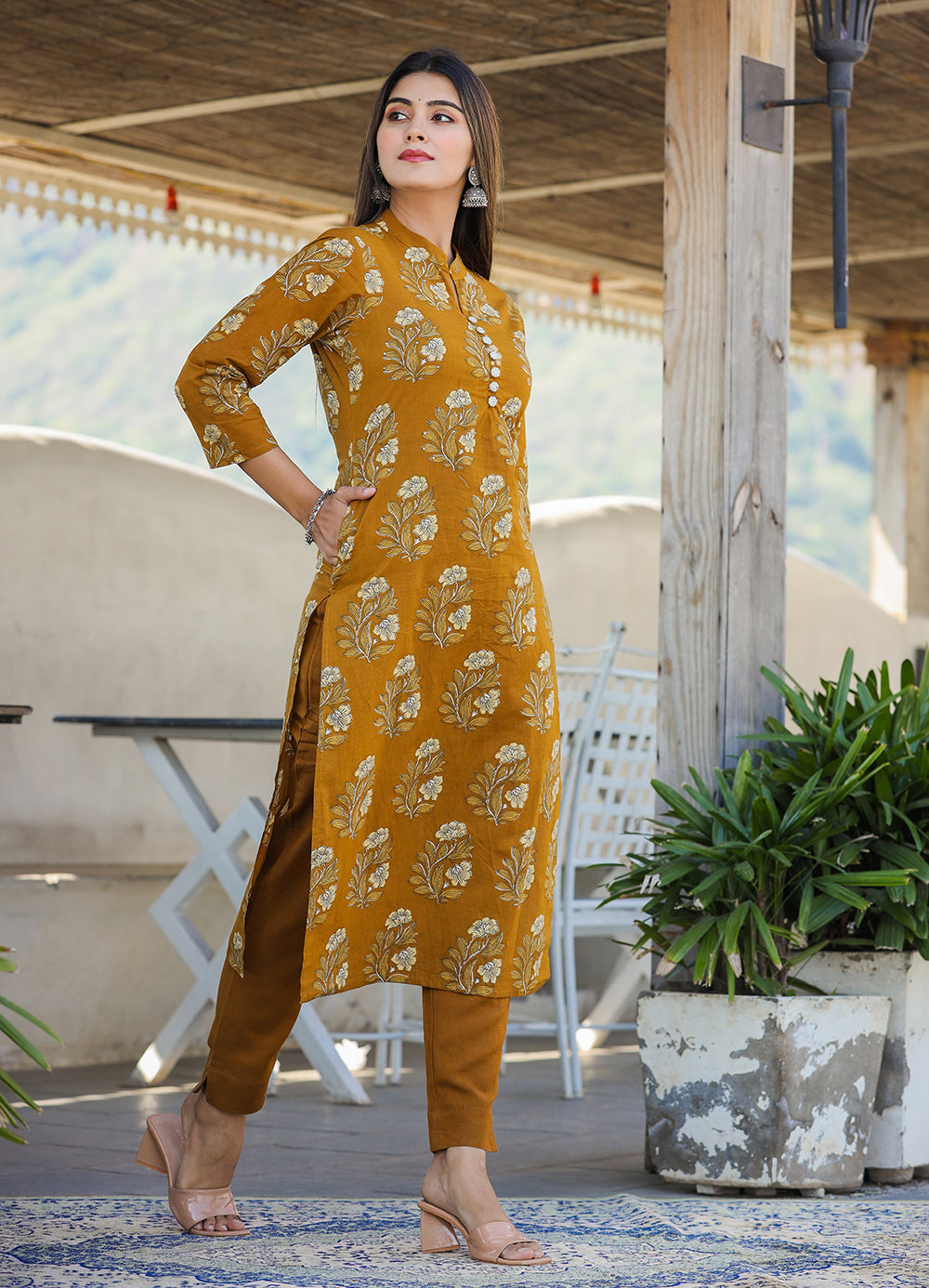 Kaajh Women's Mustard Floral Print Cotton Kurta Pant Set