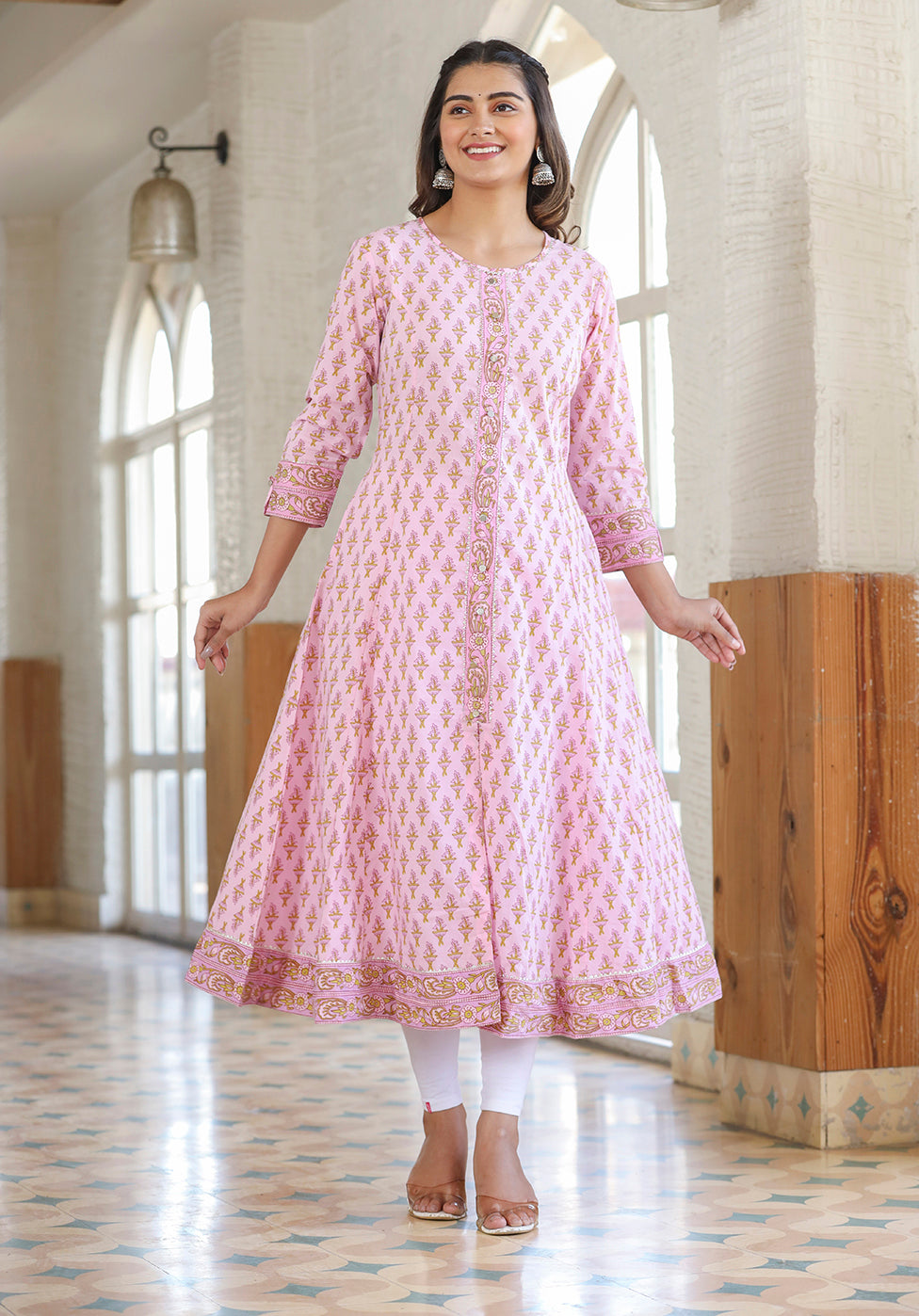 Kaajh Pink Cotton Printed A-line Kurta