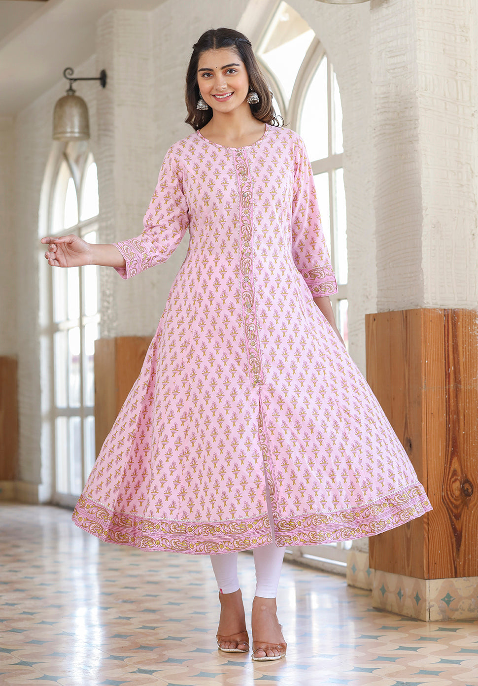 Kaajh Pink Cotton Printed A-line Kurta
