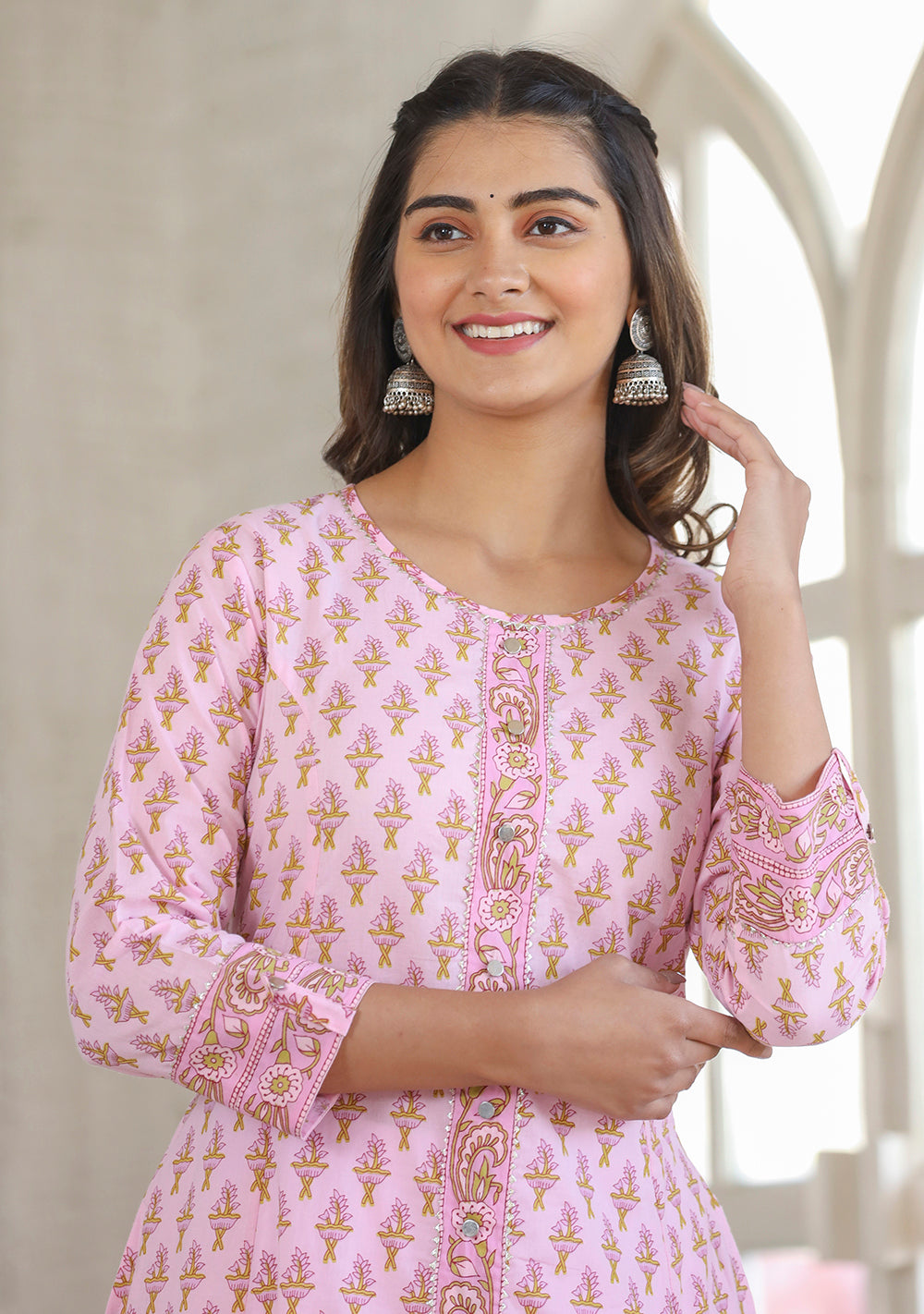 Kaajh Pink Cotton Printed A-line Kurta