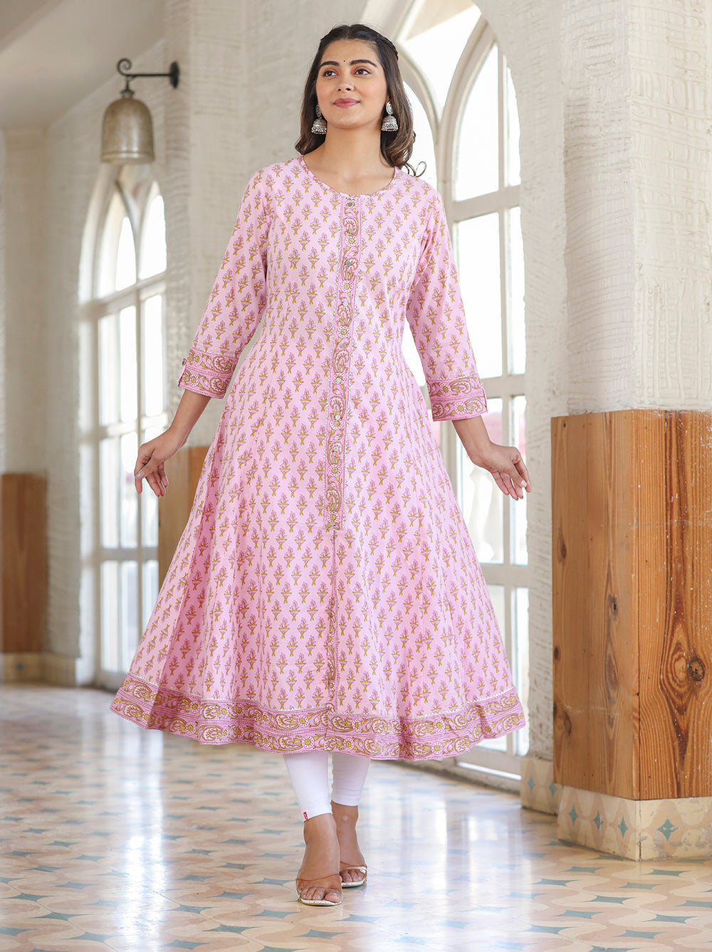 Kaajh Pink Cotton Printed A-line Kurta