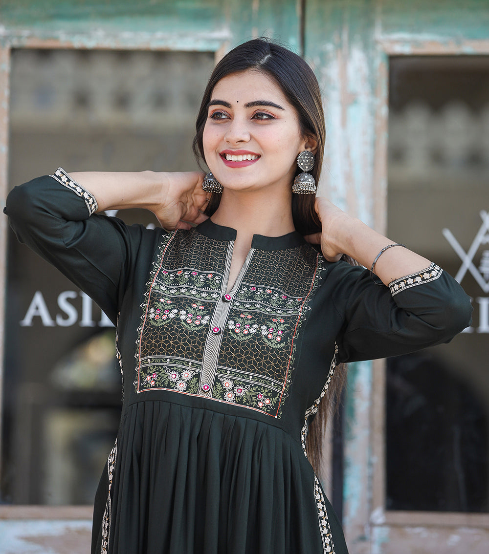 Kaajh Women's Rayon Printed Dark Olive Green Side Slit Long Ethnic Dress