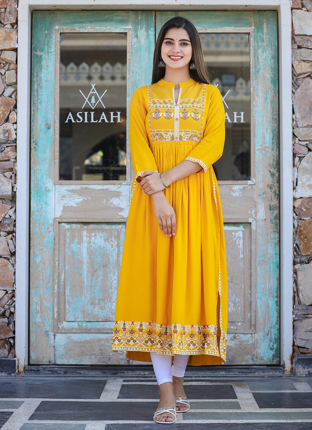 Kaajh Women's Rayon Printed Yellow Side Slit Long Ethnic Dress