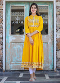 Kaajh Women's Rayon Printed Yellow Side Slit Long Ethnic Dress