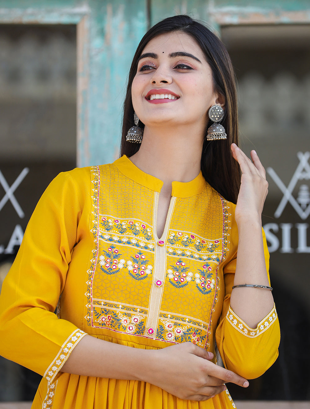 Kaajh Women's Rayon Printed Yellow Side Slit Long Ethnic Dress