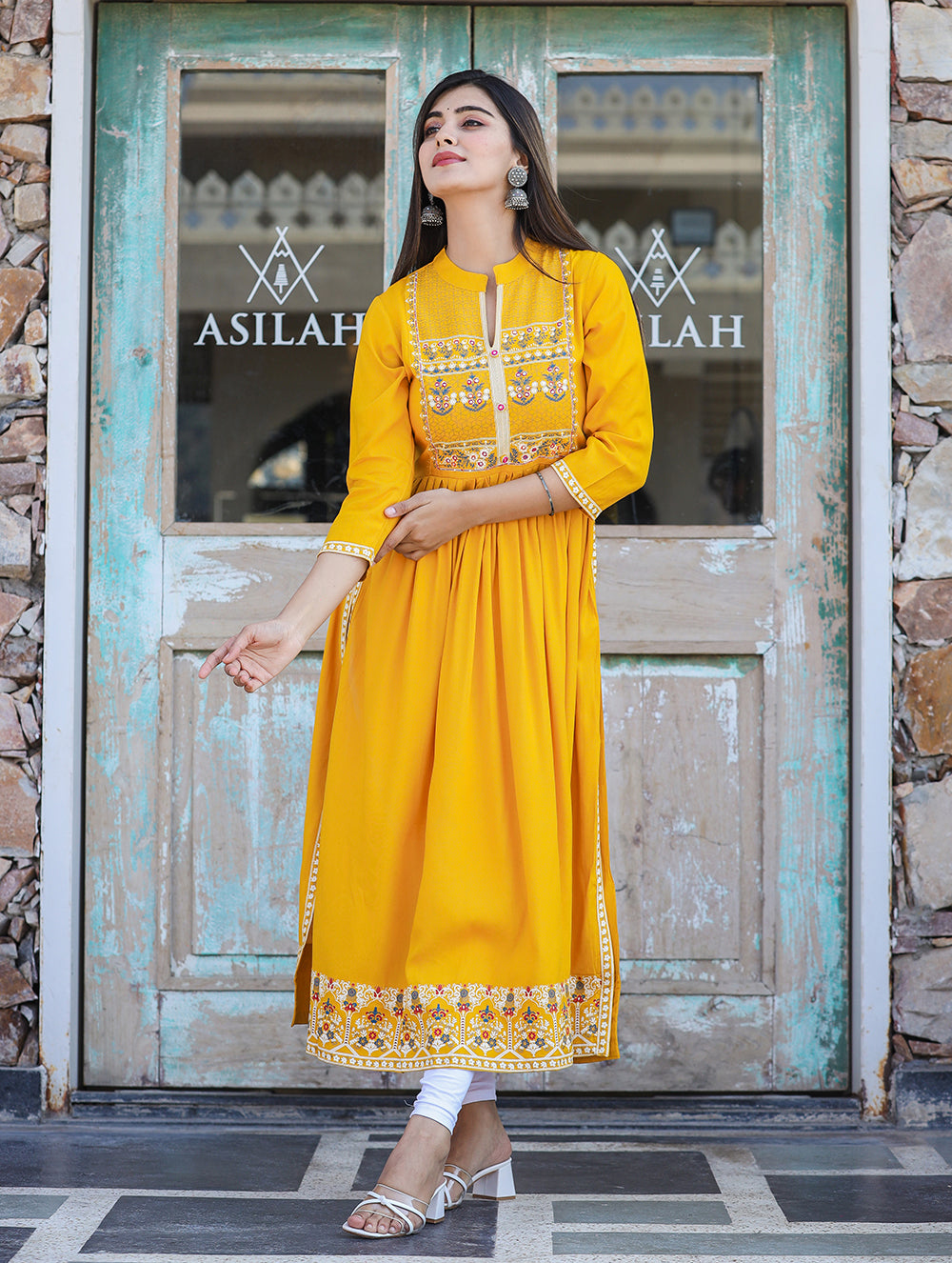 Kaajh Women's Rayon Printed Yellow Side Slit Long Ethnic Dress