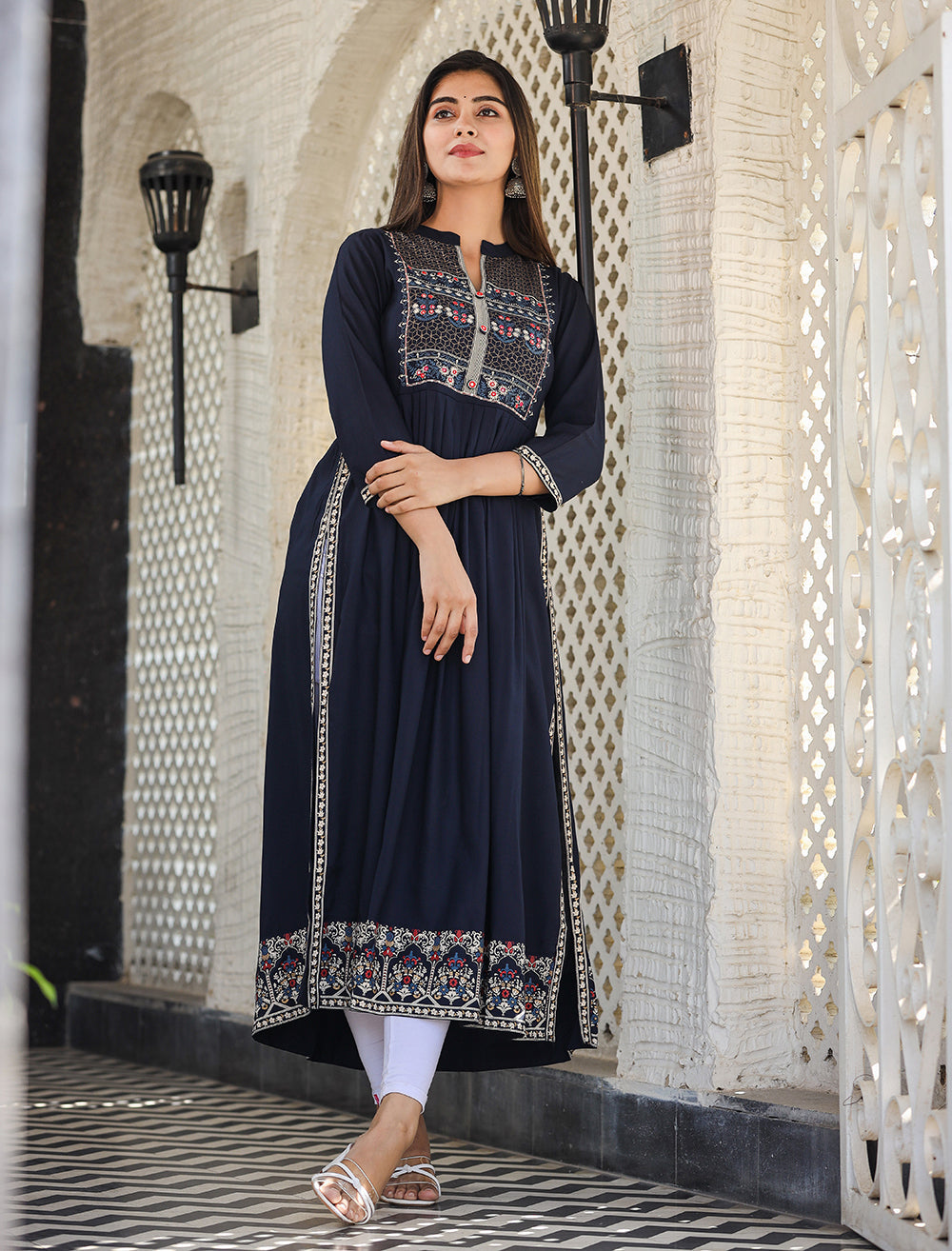 Kaajh Women's Rayon Printed Navy Blue Side Slit Long Ethnic Dress