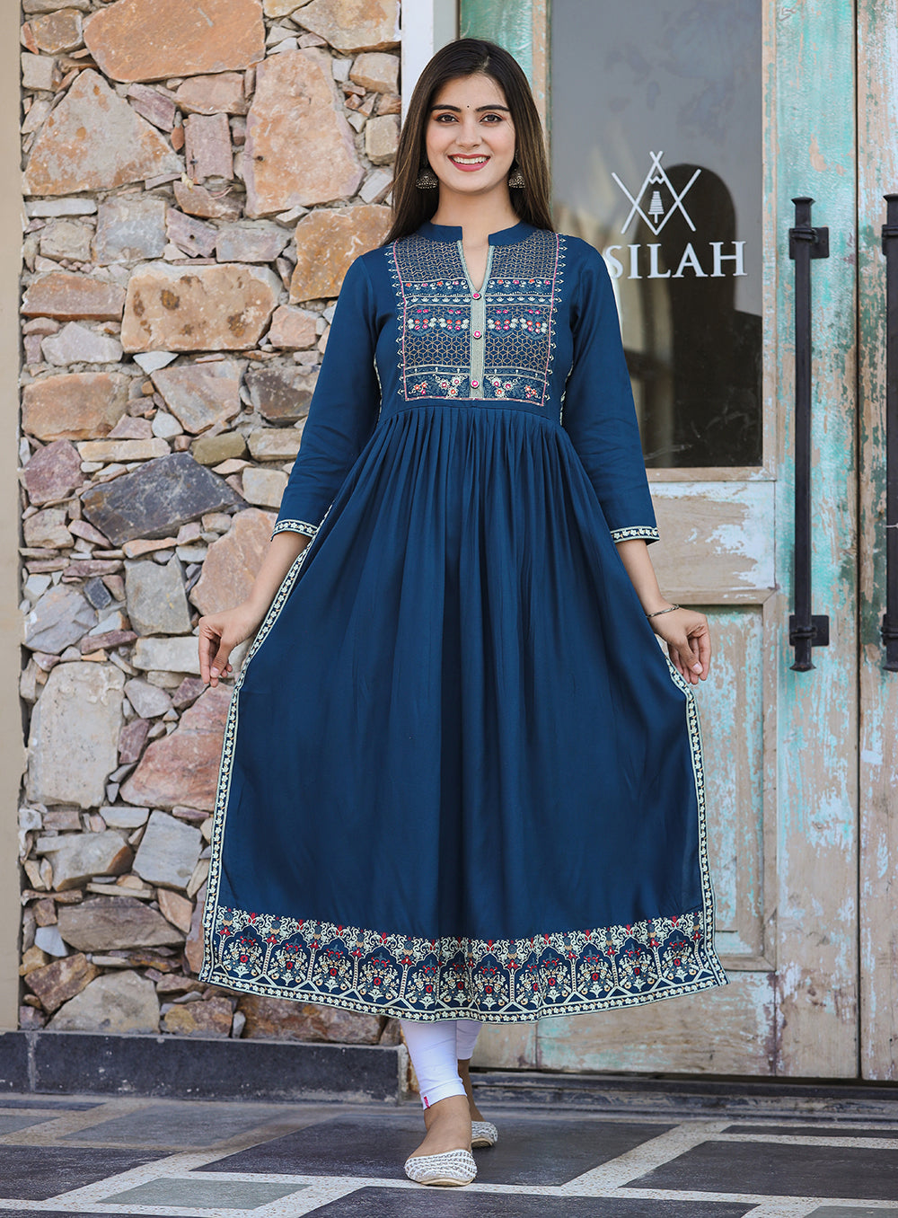 Kaajh Women's Rayon Printed Teal Side Slit Long Ethnic Dress
