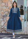 Kaajh Women's Rayon Printed Teal Side Slit Long Ethnic Dress