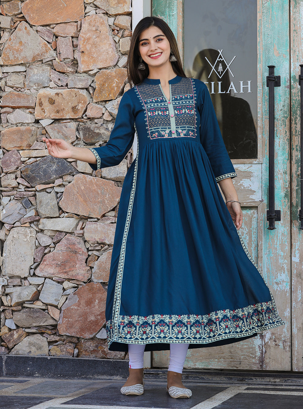 Kaajh Women's Rayon Printed Teal Side Slit Long Ethnic Dress