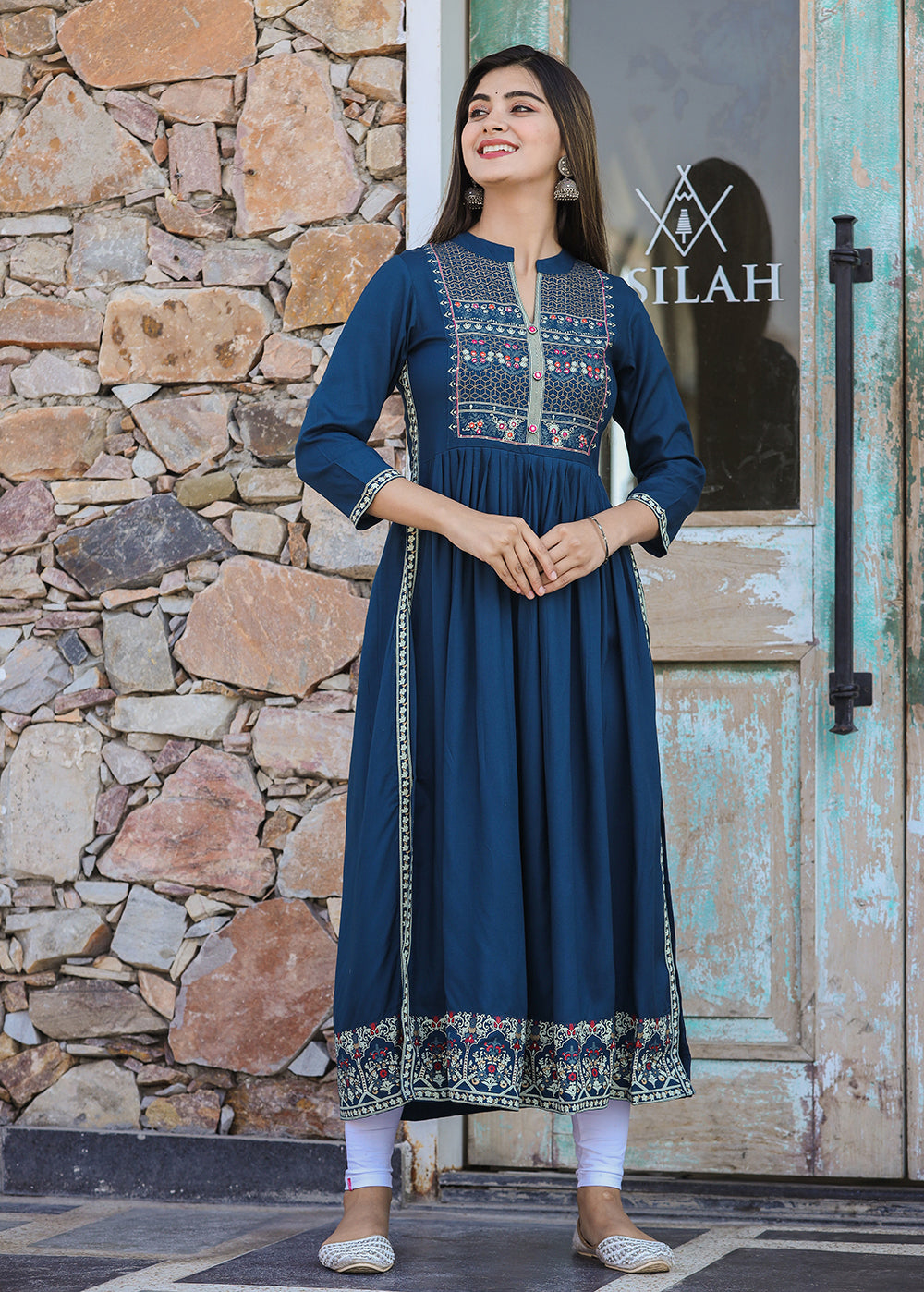 Kaajh Women's Rayon Printed Teal Side Slit Long Ethnic Dress