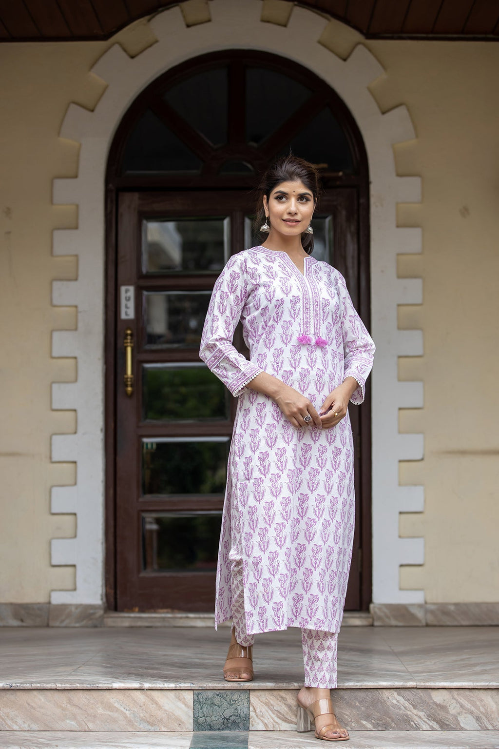 Kaajh Women's White Purple Ethnic Printed Cotton Kurta Pant Set