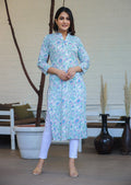 Kaajh Woman's Sky Blue Floral Print Cotton Casual Kurta