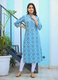 Kaajh Woman's Sky Blue Ethnic Print Casual Kurta