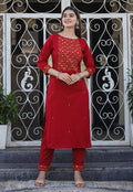 Kaajh Women's Maroon Embroidered Cotton Kurta Pant Set