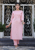Kaajh Women's Peach Embroidered Cotton Kurta Pant Set