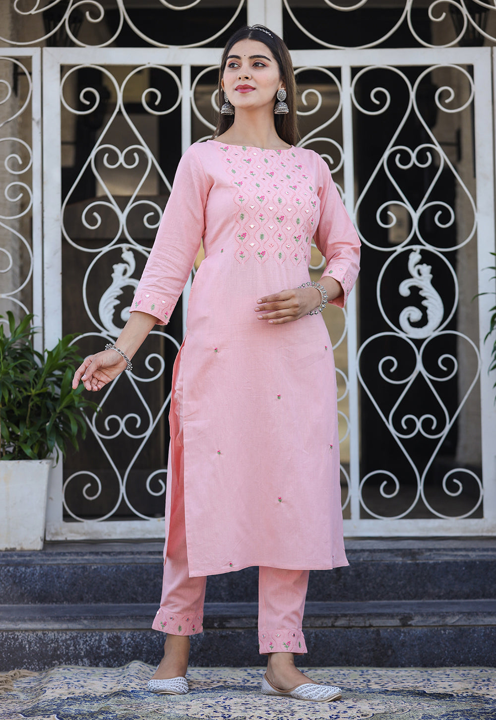 Kaajh Women's Peach Embroidered Cotton Kurta Pant Set