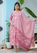 Kaajh Woman's Pink Floral Print Cotton Kurta Pant With Dupatta Set