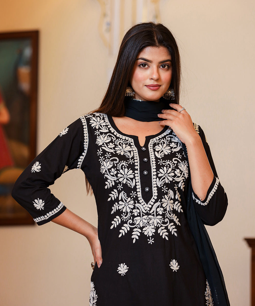 Kaajh Women's Black Lucknow Chikankari Kurta Set With Pant and Dupatta