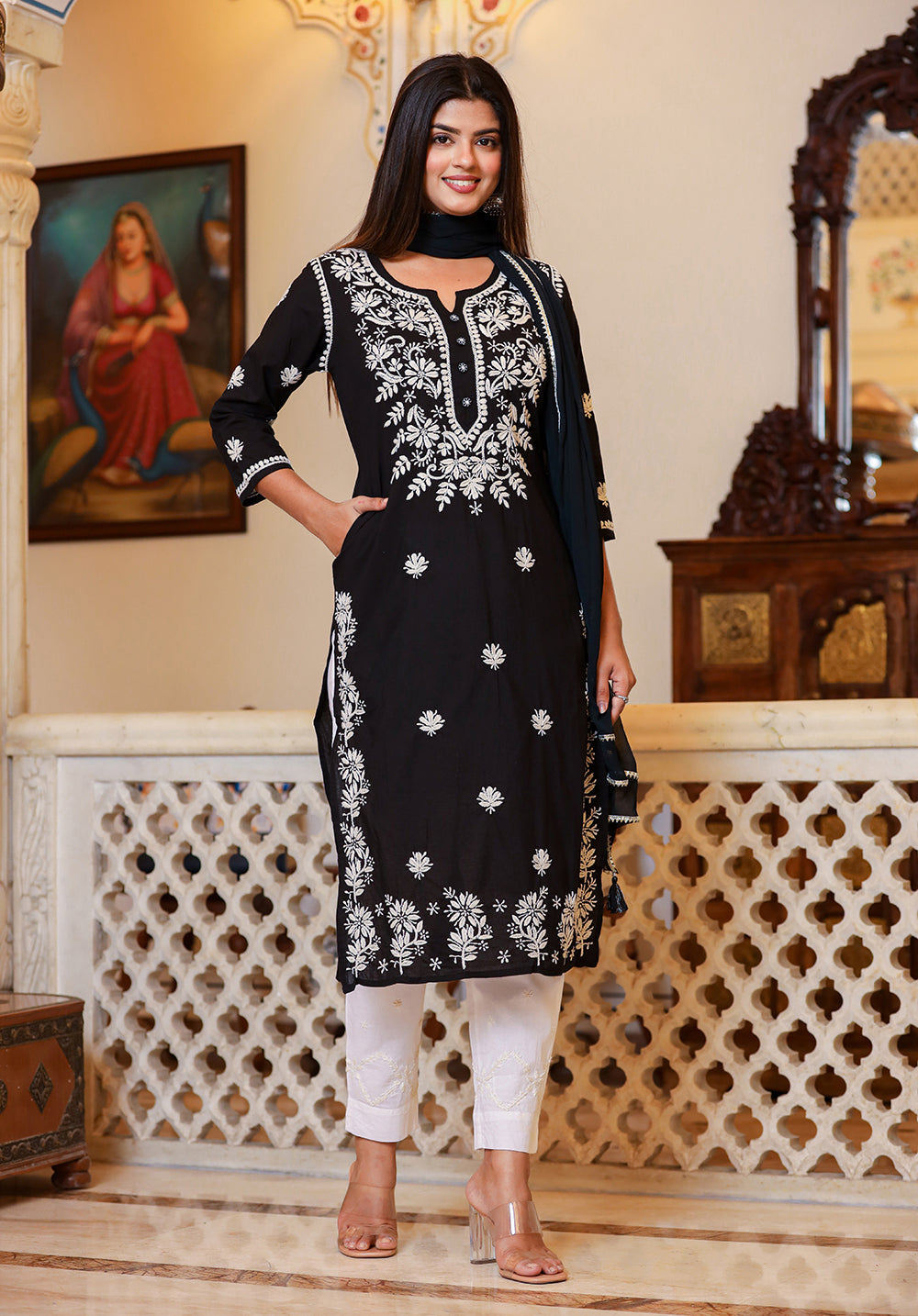 Kaajh Women's Black Lucknow Chikankari Kurta Set With Pant and Dupatta
