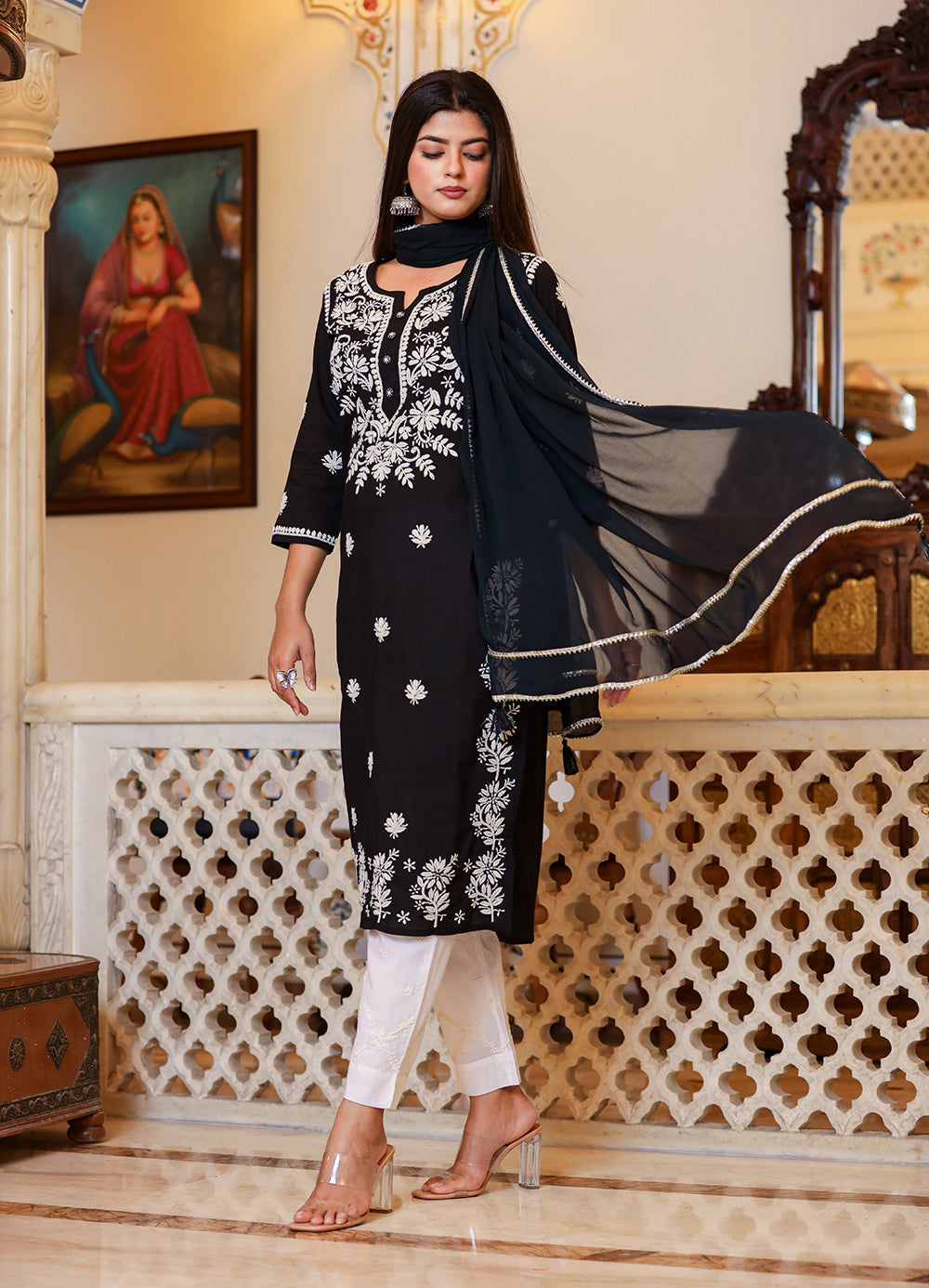 Kaajh Women's Black Lucknow Chikankari Kurta Set With Pant and Dupatta