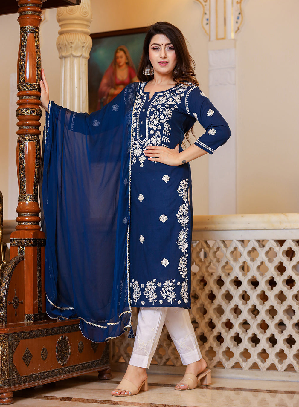 Kaajh Women's Navy Blue Lucknow Chikankari Kurta Set With Pant and Dupatta