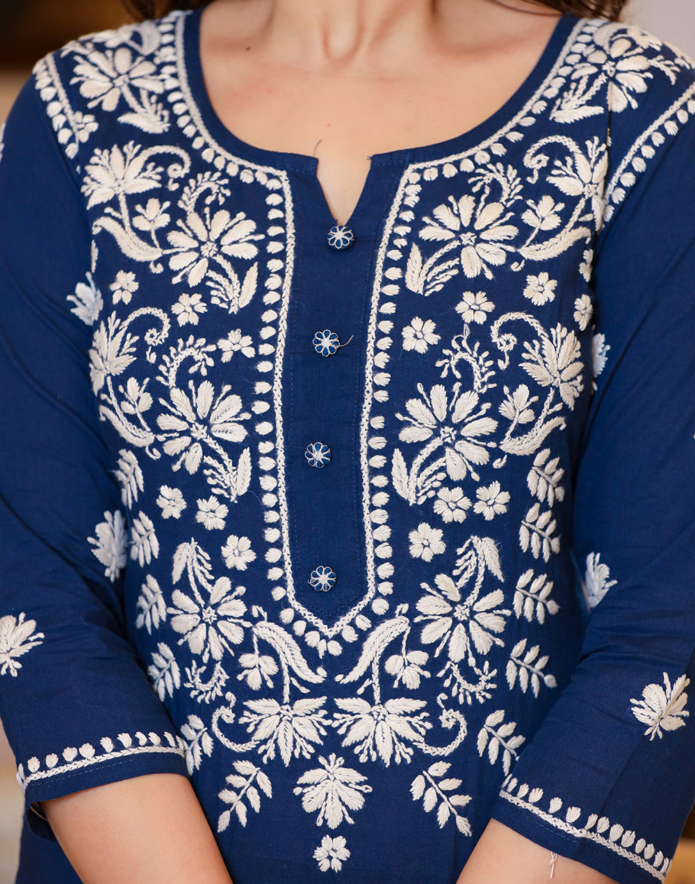 Kaajh Women's Navy Blue Lucknow Chikankari Kurta Set With Pant and Dupatta