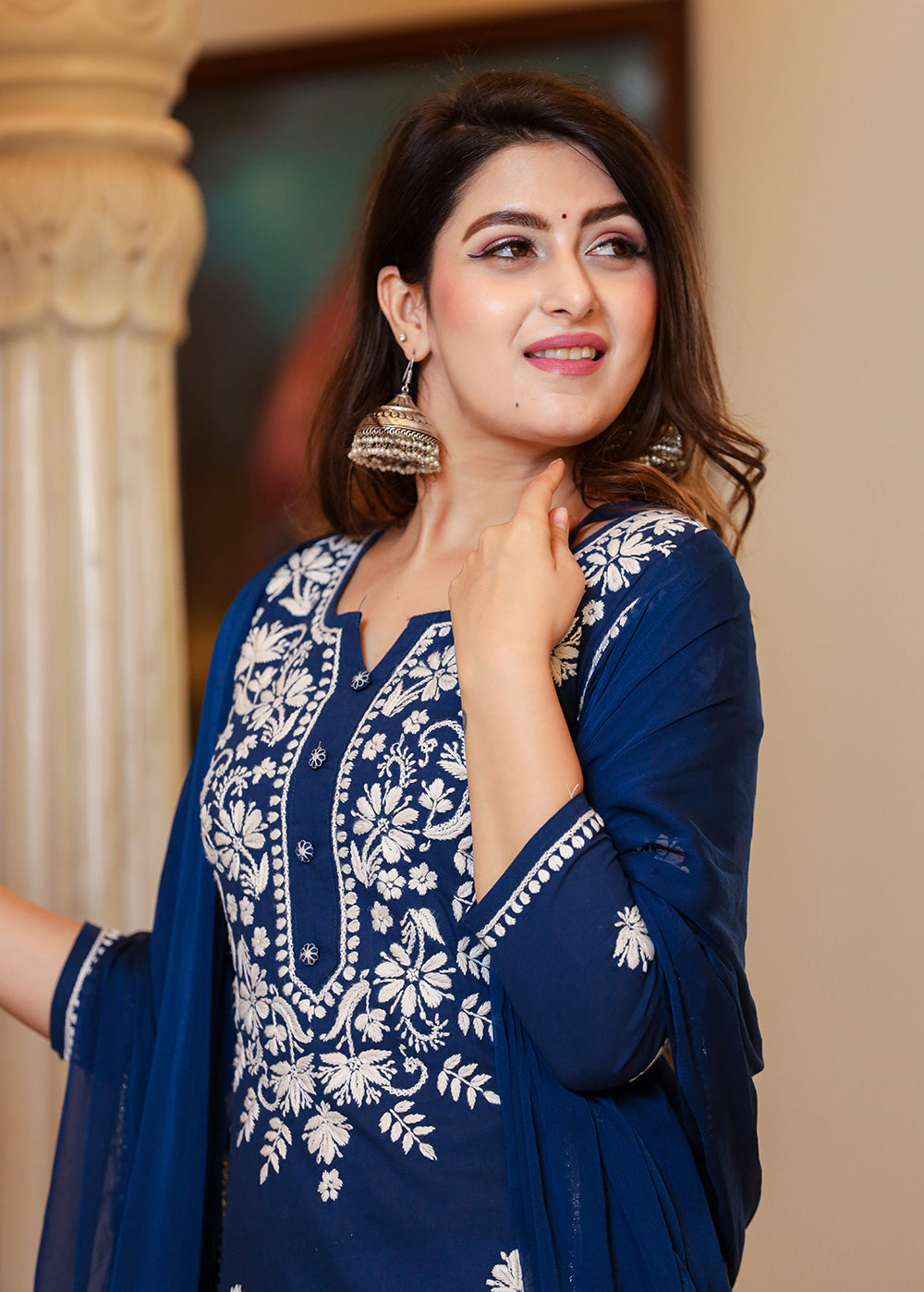 Kaajh Women's Navy Blue Lucknow Chikankari Kurta Set With Pant and Dupatta