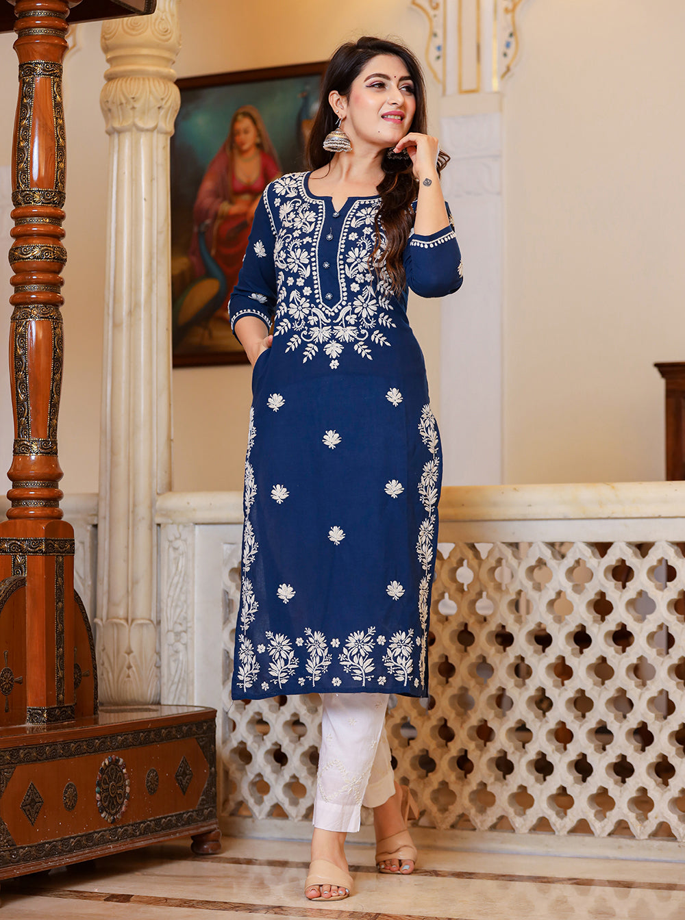 Kaajh Women's Navy Blue Lucknow Chikankari Kurta Set With Pant and Dupatta