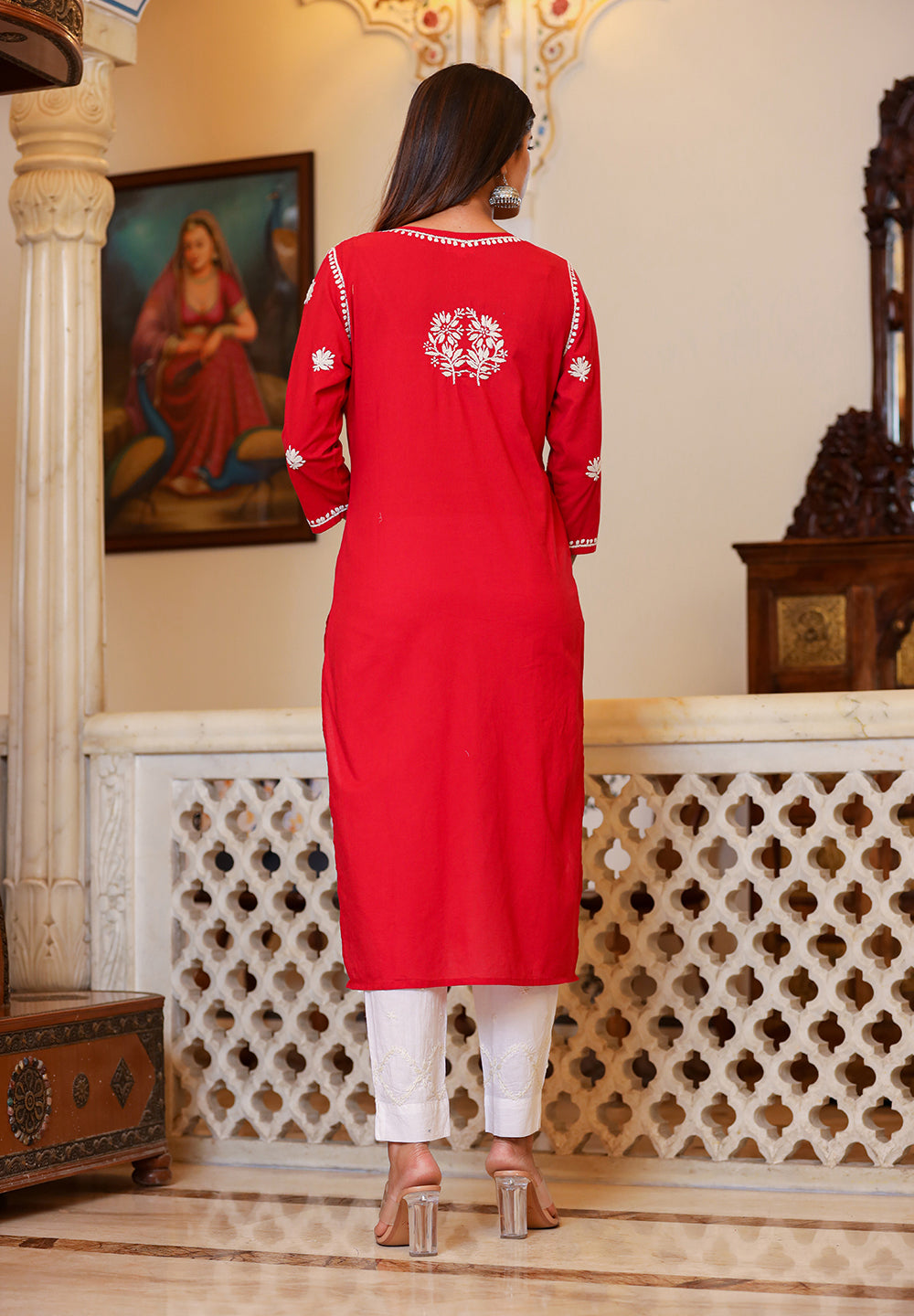 Kaajh Women's Red Lucknow Chikankari Kurta Set With Pant and Dupatta