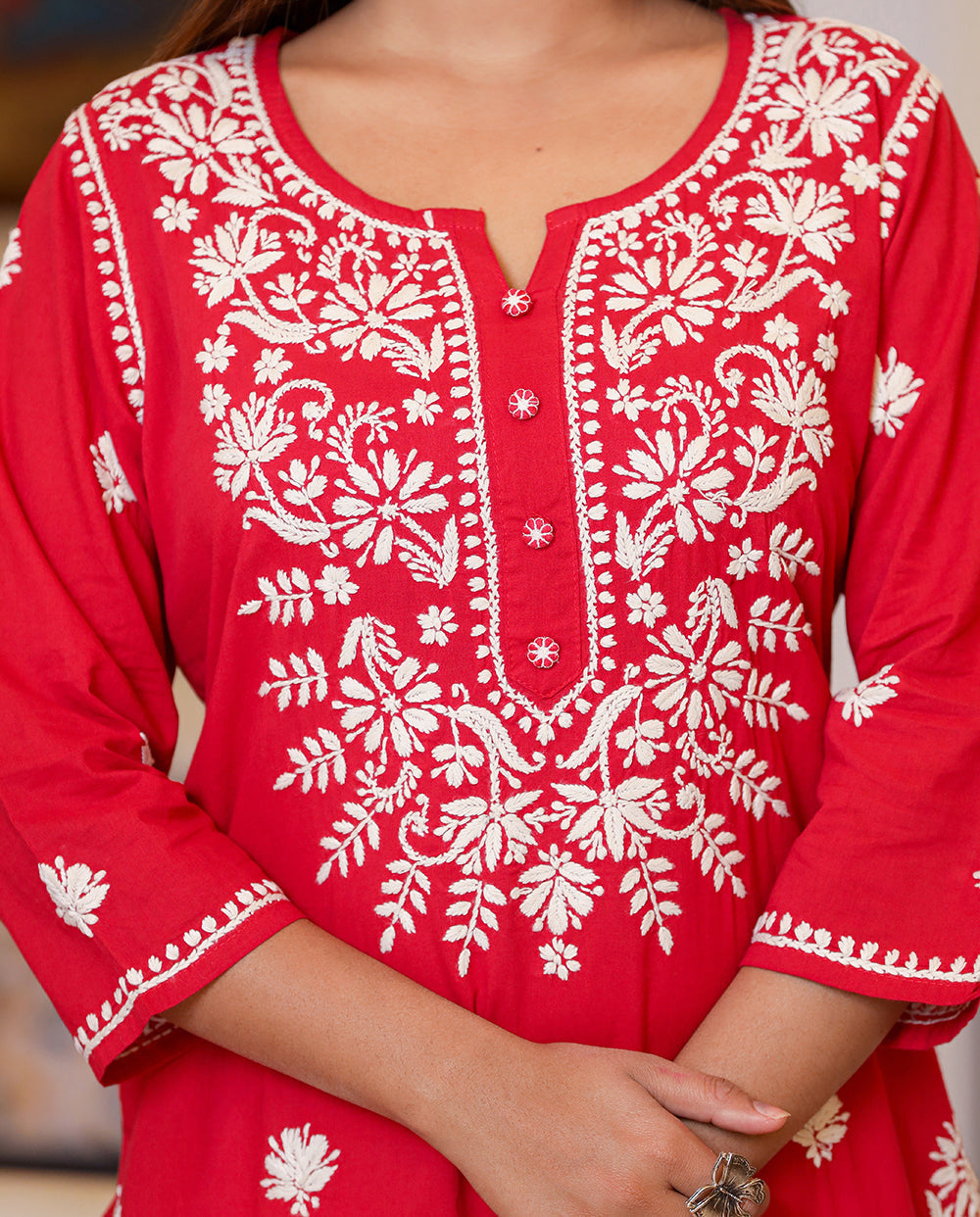 Kaajh Women's Red Lucknow Chikankari Kurta Set With Pant and Dupatta