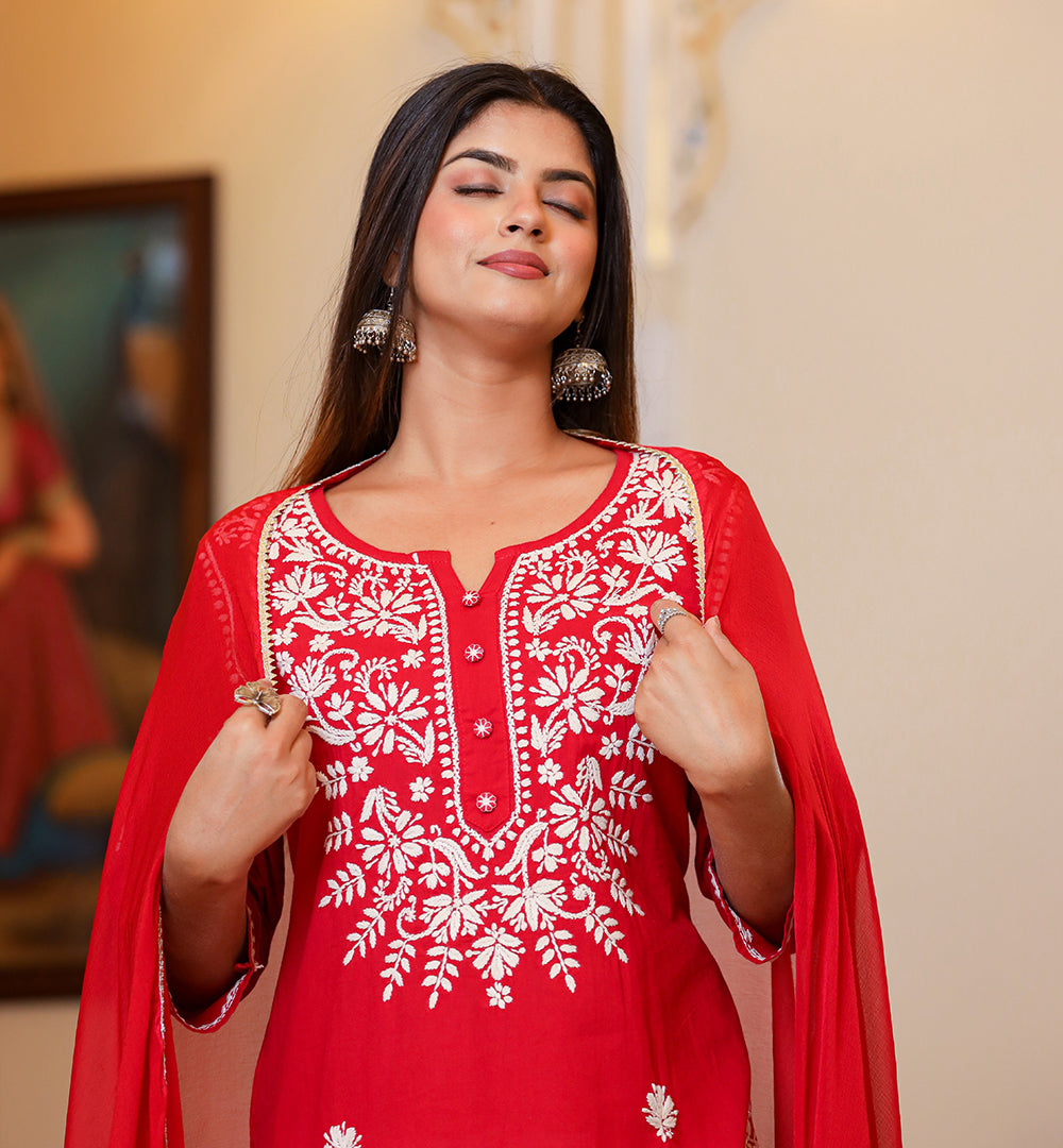 Kaajh Women's Red Lucknow Chikankari Kurta Set With Pant and Dupatta