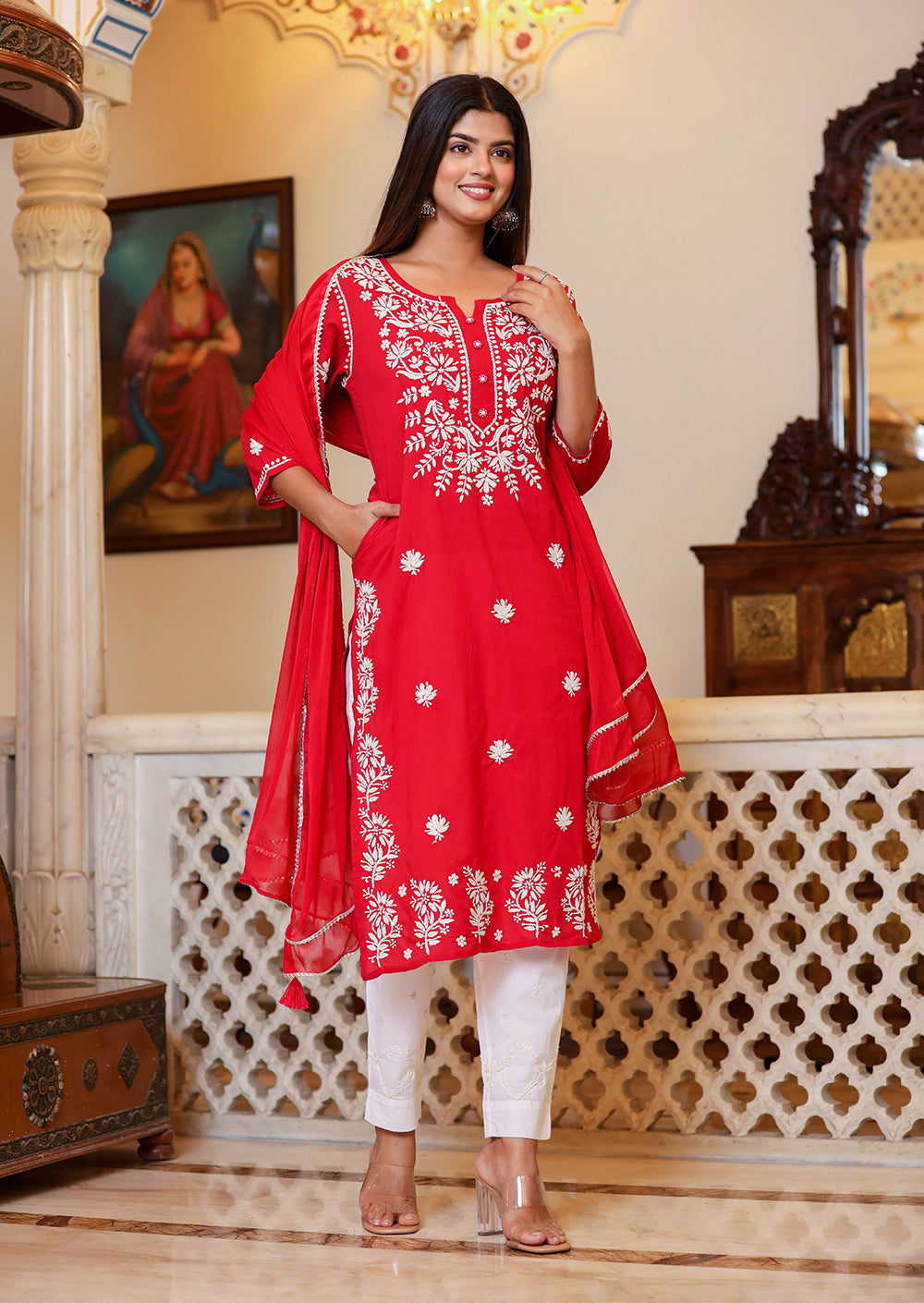 Kaajh Women's Red Lucknow Chikankari Kurta Set With Pant and Dupatta