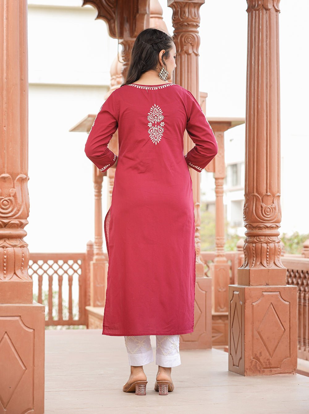 Kaajh Women's Wine Red Lucknow Chikankari Cotton Kurta Set With Dupatta