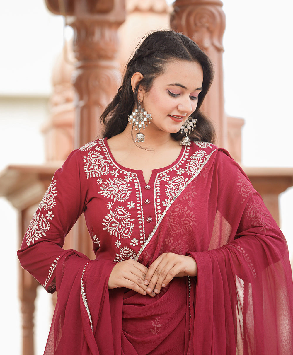 Kaajh Women's Wine Red Lucknow Chikankari Cotton Kurta Set With Dupatta
