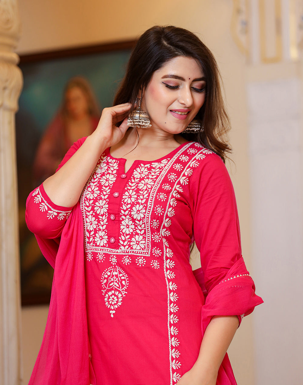 Kaajh Women's Pink Hand Embroidered Lucknow Chikankari Kurta Set With Dupatta
