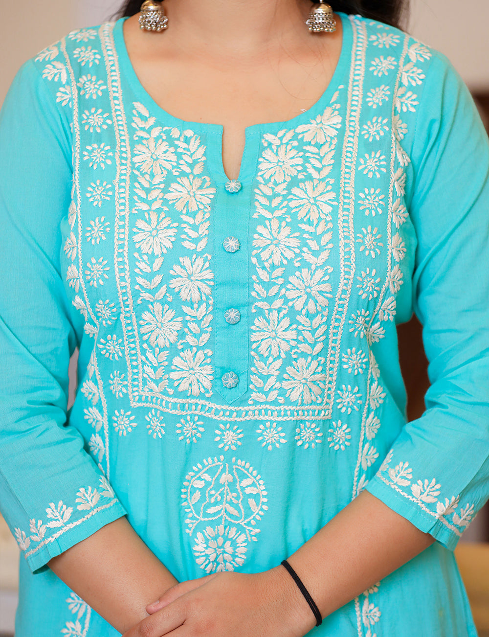 Kaajh Women's Turquoise Hand Embroidered Lucknow Chikankari Kurta Set With Dupatta