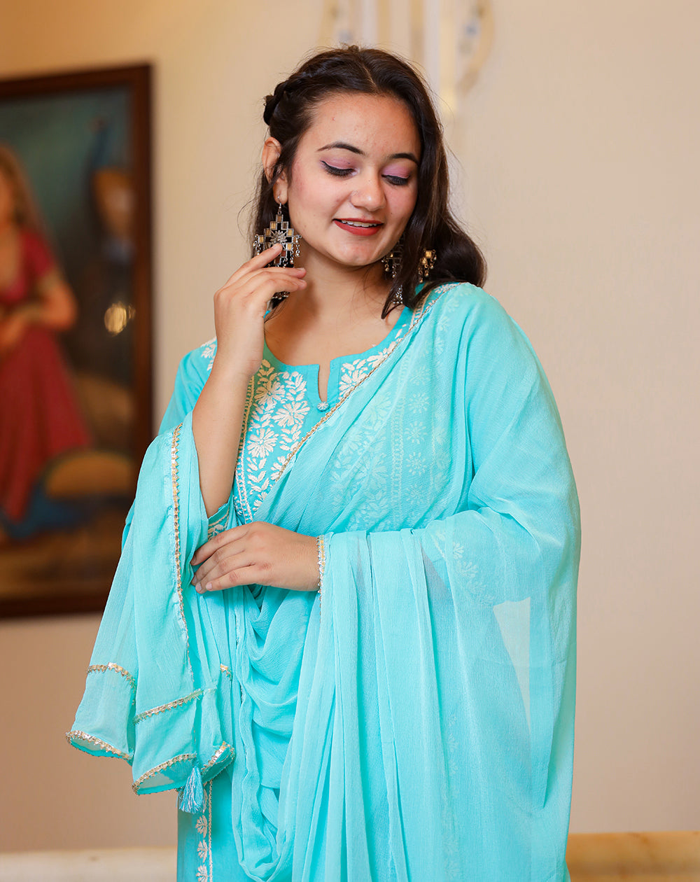 Kaajh Women's Turquoise Hand Embroidered Lucknow Chikankari Kurta Set With Dupatta