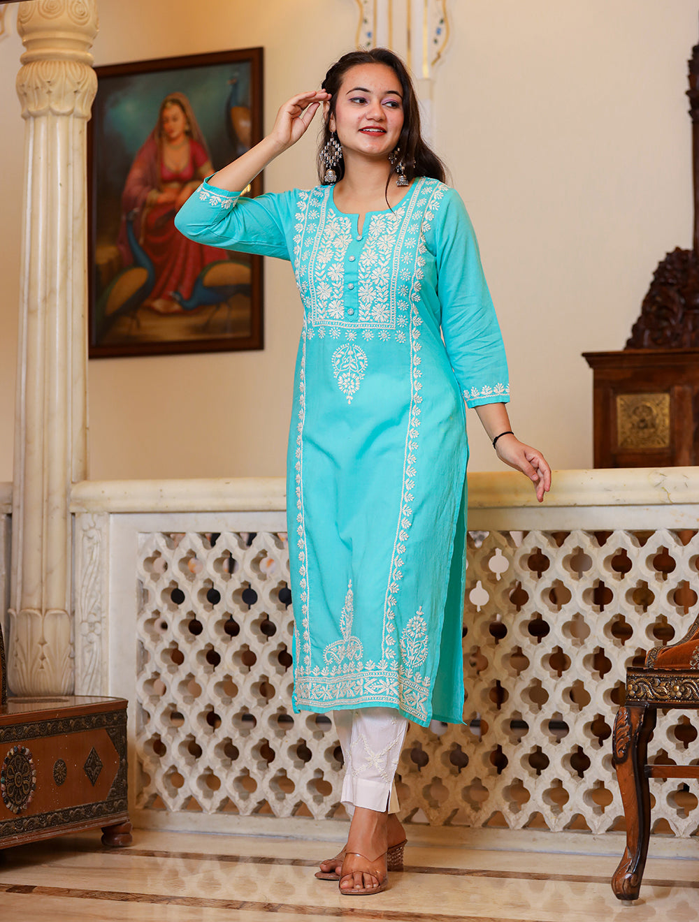 Kaajh Women's Turquoise Hand Embroidered Lucknow Chikankari Kurta Set With Dupatta