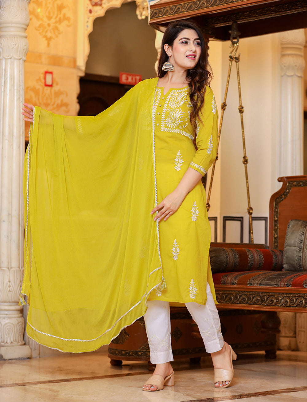 Kaajh Women's Mustard Lucknow Chikankari Kurta Pant Set With Dupatta