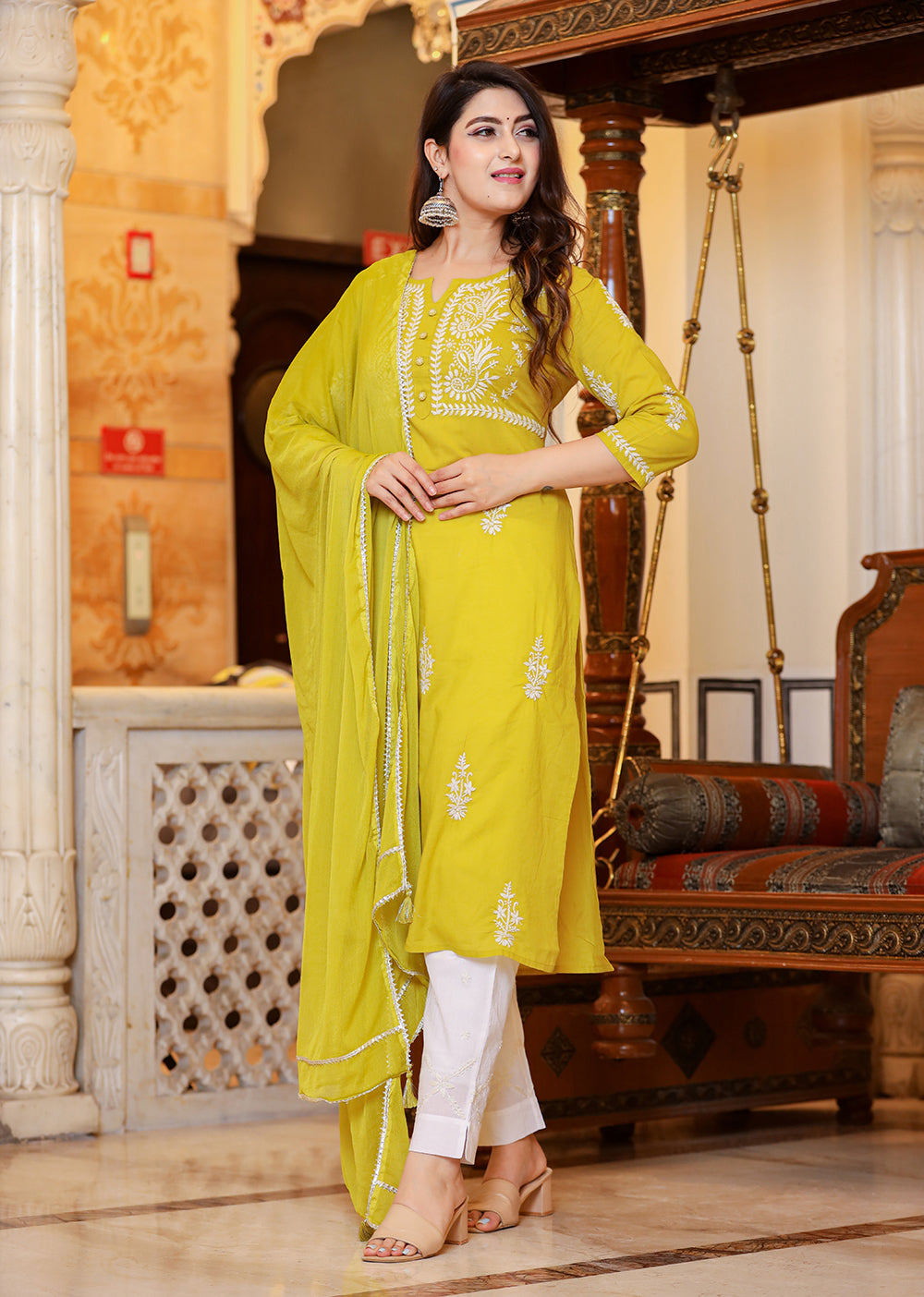 Kaajh Women's Mustard Lucknow Chikankari Kurta Pant Set With Dupatta