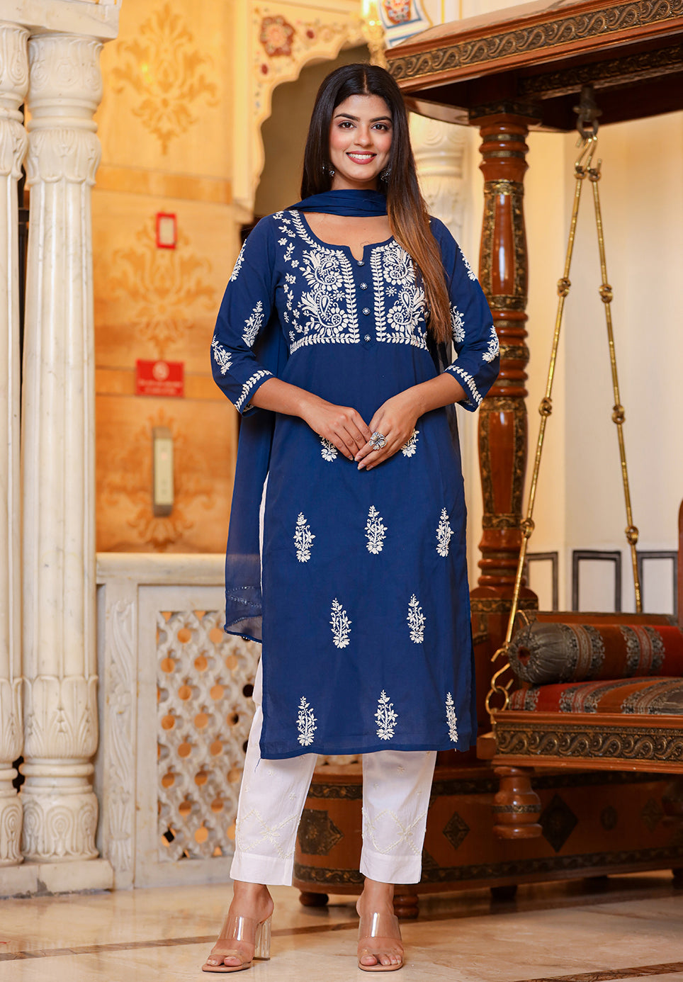 Kaajh Women's Navy Blue Lucknow Chikankari Kurta Pant Set With Dupatta